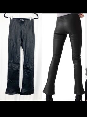 & Other Stories High Rise Leather Boot Cut Flare Pants Split Hem Black